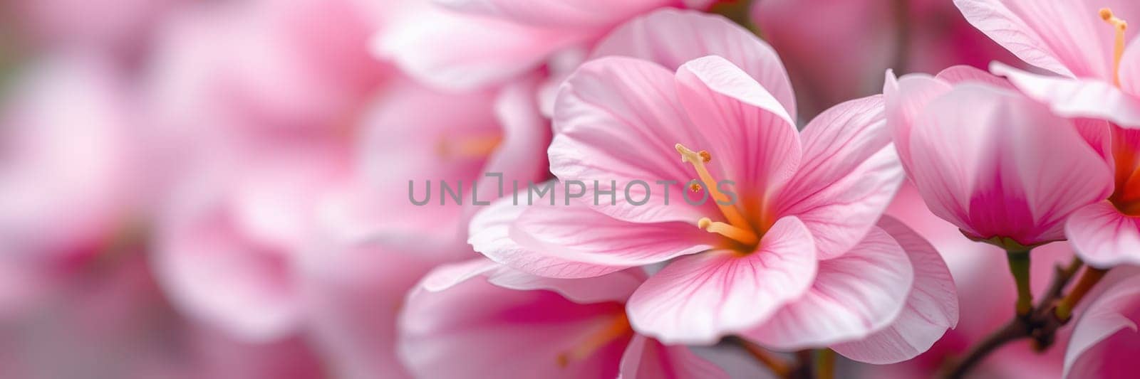 Delicate pink flowers bloom abundantly in a serene garden, showcasing their soft petals and bright stamens under the warm sunlight of spring.