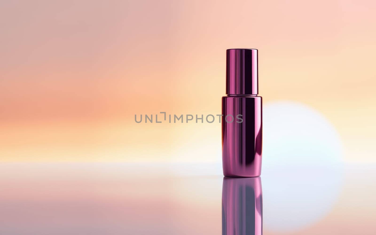 A sleek, shiny pink bottle is positioned upright on a reflective surface, illuminated by the warm hues of a soft sunset, creating a calming atmosphere.