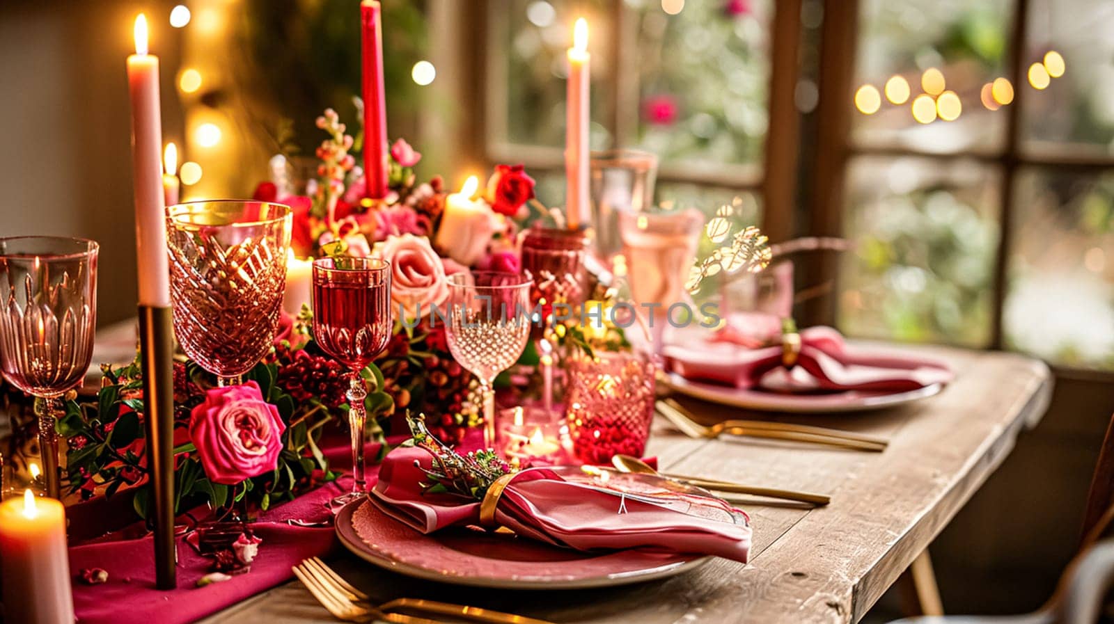Festive table setting with candles and arrangement of beautiful red flowers. Holiday concept. High quality photo