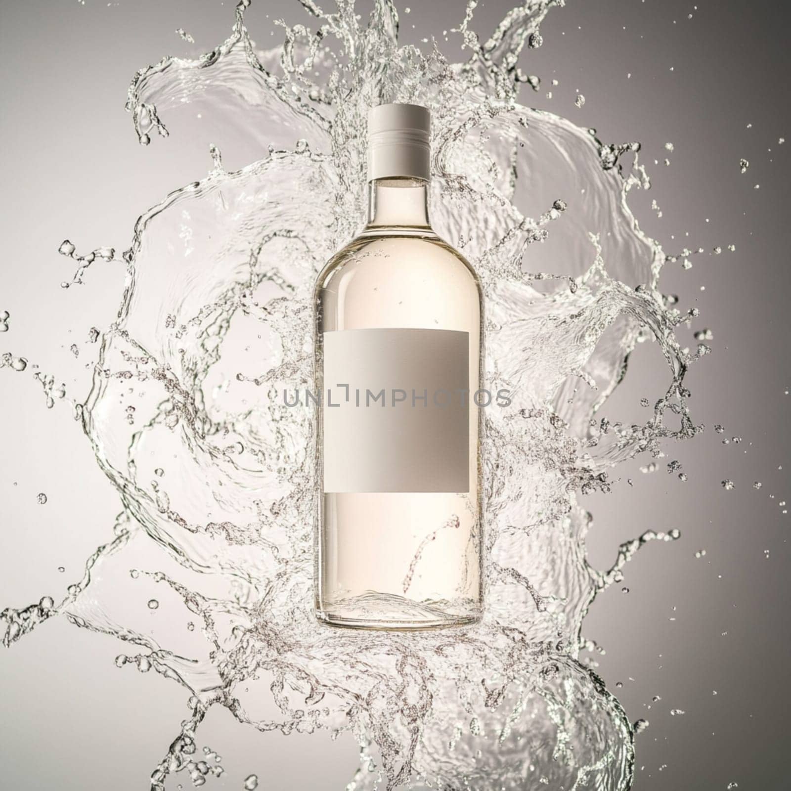 Transparent bottle filled with liquid is standing in the middle of a big splash of water, creating interesting shapes and reflections