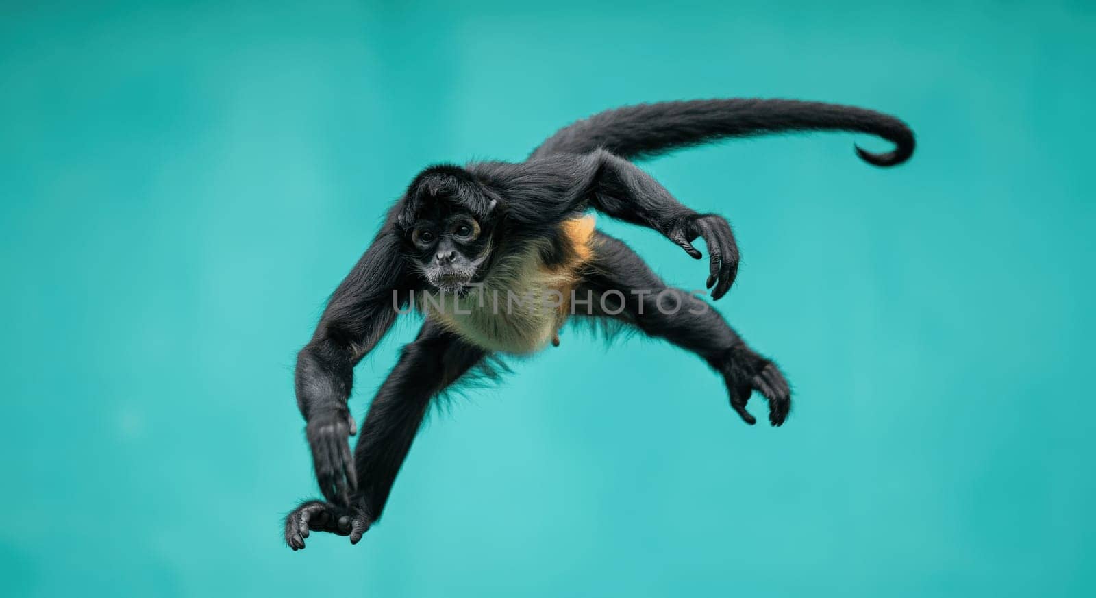 A spider monkey mid-leap against a bright turquoise backdrop, showcasing its agility and grace. the vivid colors highlight the monkey's sleek black fur and expressive features, emphasizing its dynamic movement.