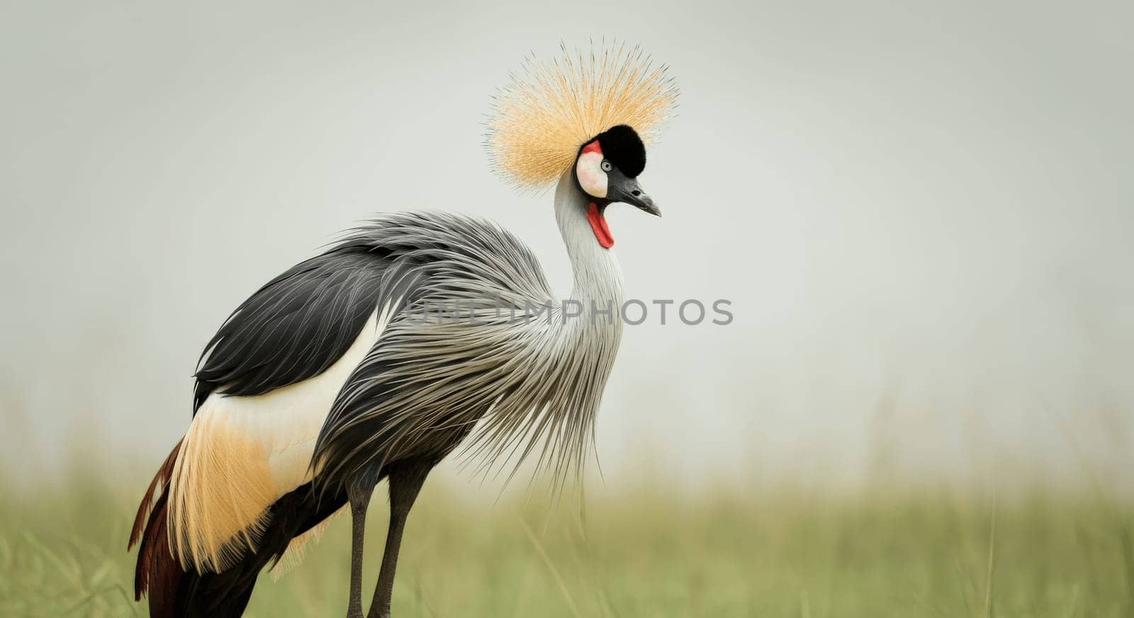 Grey crowned crane gracefully stands in lush grassland, showcasing its vibrant golden crest and elegant black, white, and gray feathers. this bird is a symbol of beauty and balance in nature.