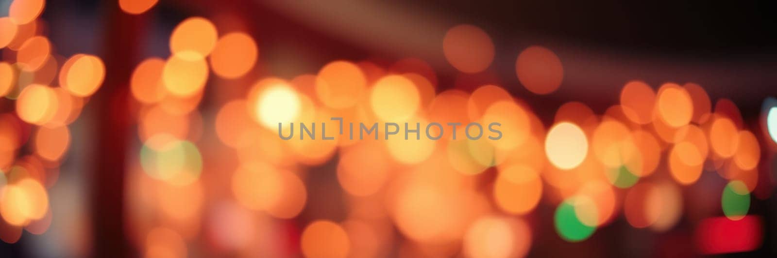 Twinkling warm lights illuminate a vibrant space filled with festive decorations and joyful activity. People enjoy the festive ambiance, celebrating together during the holiday season.
