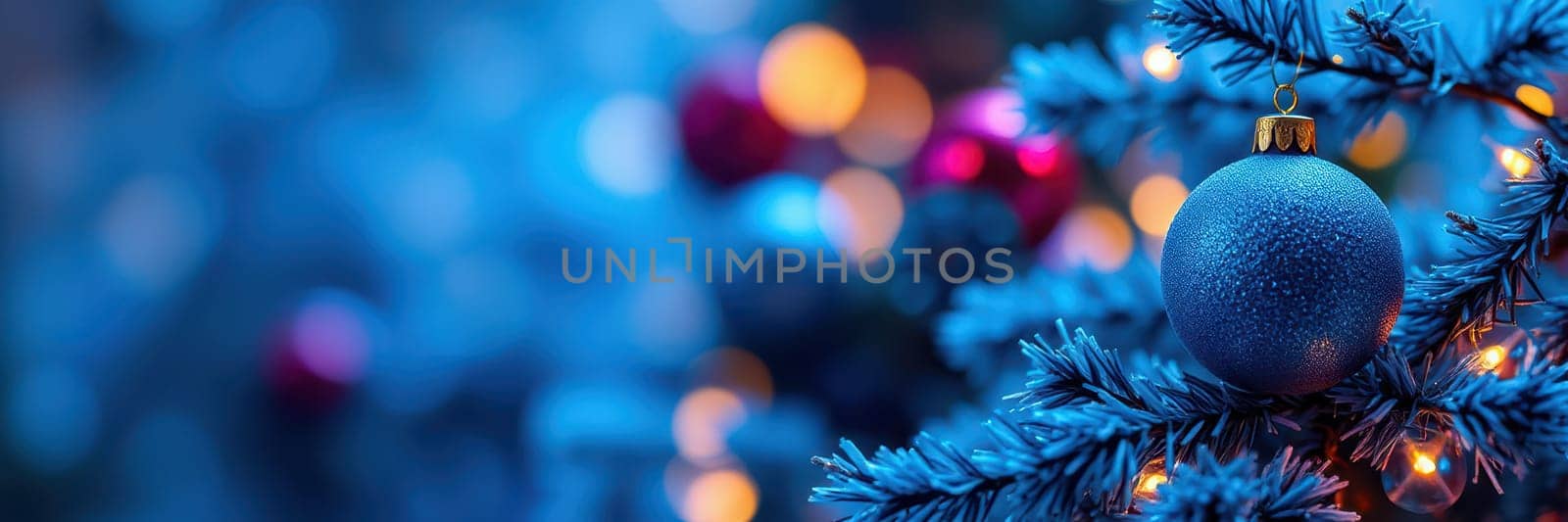 A beautifully decorated Christmas tree stands out with blue ornaments and glowing warm lights. The colorful bokeh effects enhance the festive ambiance, evoking holiday cheer.