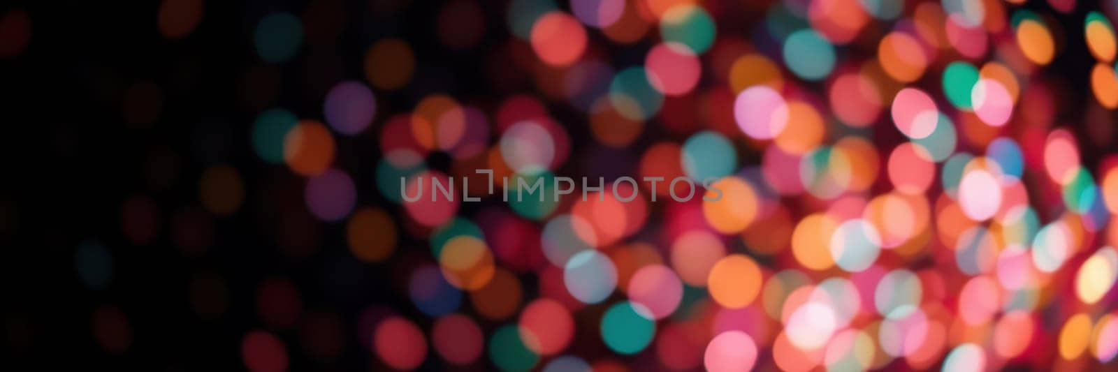 Colorful bokeh lights illuminate the dark background, enhancing the festive ambiance of a nighttime event in the city. Various hues blend together, creating a joyful atmosphere.