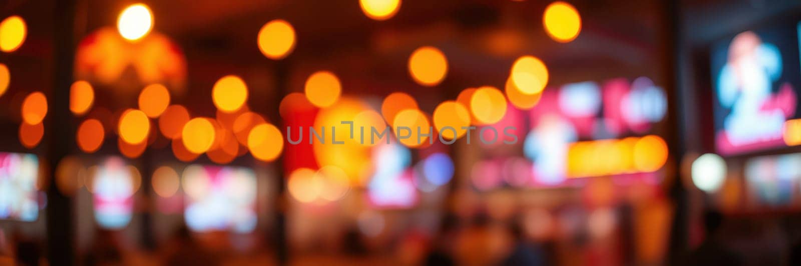 A bustling venue filled with warm lights and screens showcasing various visuals creates an inviting and energetic ambiance for patrons during the evening hours.