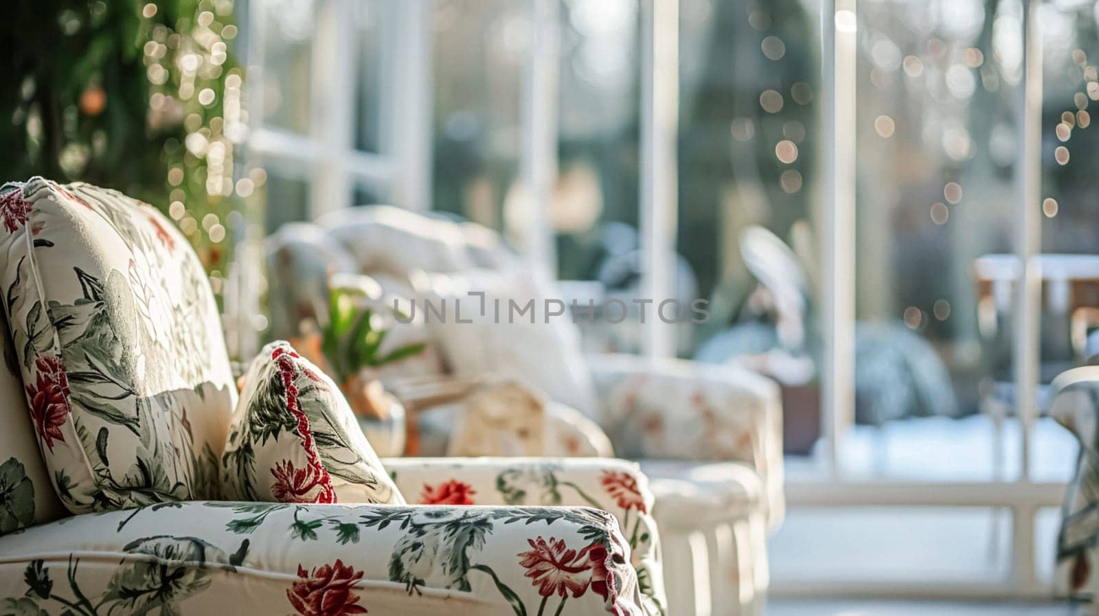 Colorful pillows on sofa against glass wall of window in a winter garden or conservatory. Interior textile concept. High quality photo