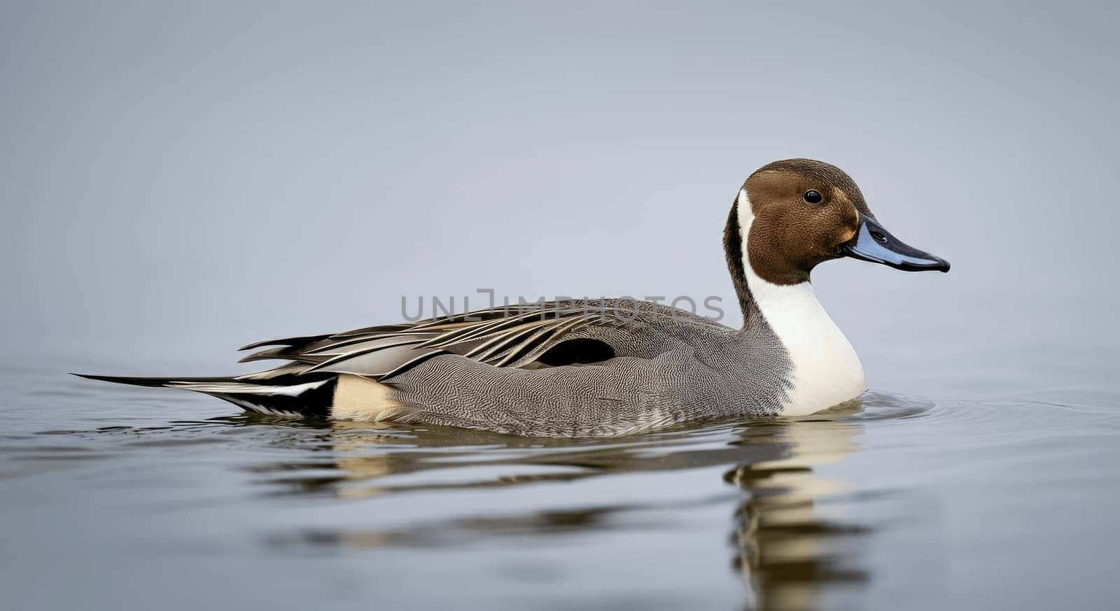 Northern pintail duck gracefully swimming on a tranquil water surface, showcasing its sleek plumage and serene demeanor. the calm environment enhances the duck's striking features and peaceful presence.
