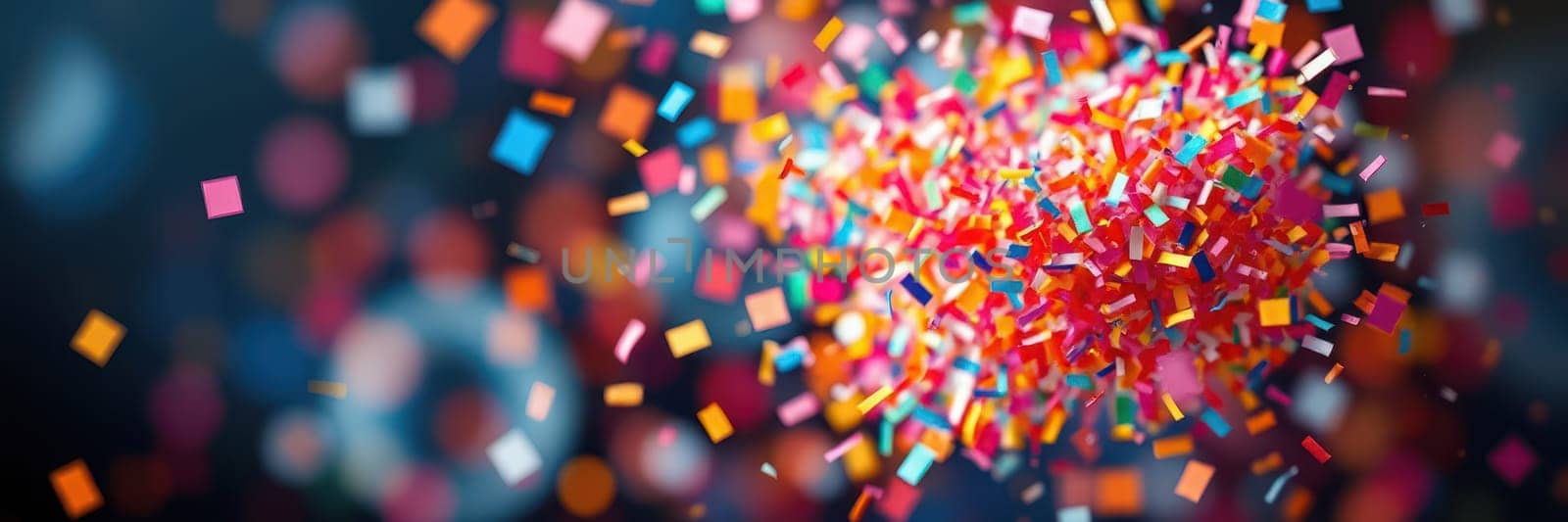 Brightly colored confetti is scattered in the air during a lively celebration at a crowded venue. The atmosphere is joyful with vibrant hues creating a festive backdrop.