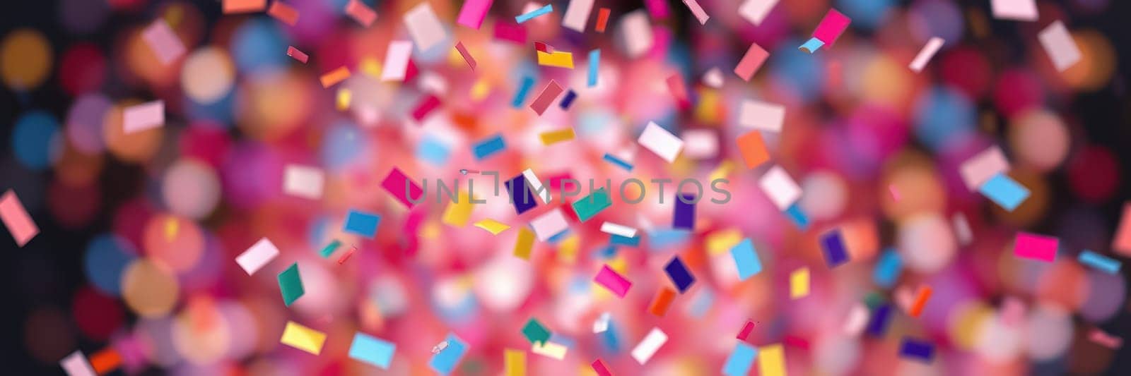 Confetti in various colors cascades through the air during a festive event at night. The vibrant hues create a lively ambiance, enhanced by sparkling lights in the background.