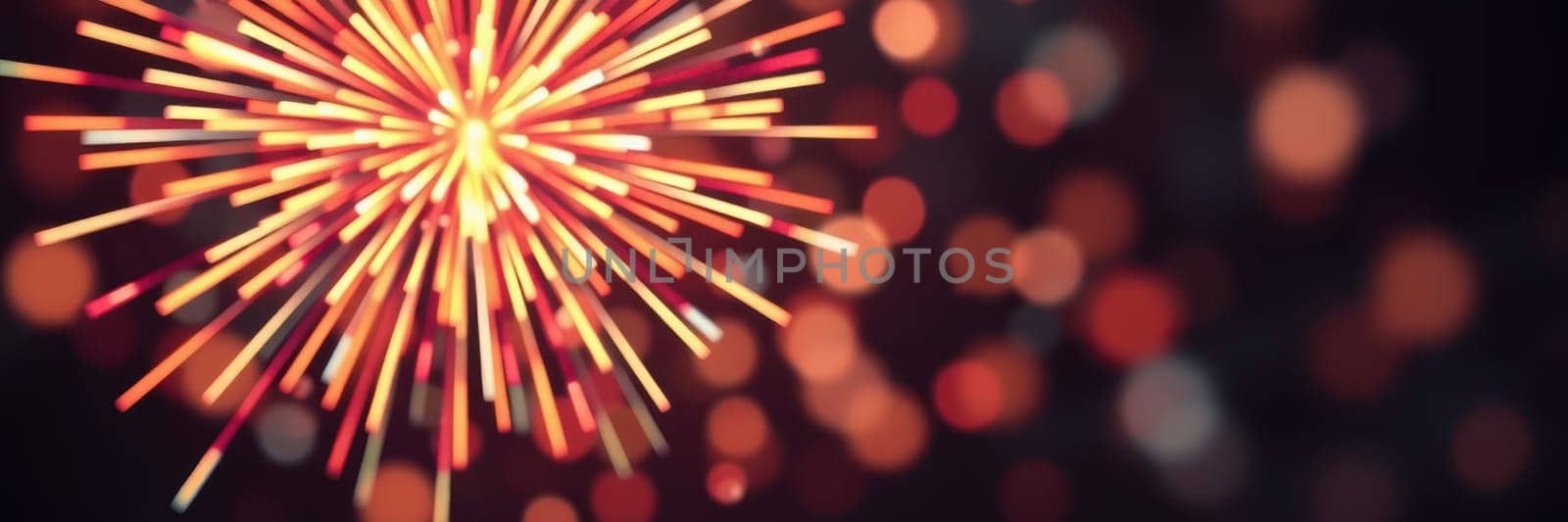Bright fireworks burst in the night sky, creating dazzling patterns of light. The celebration atmosphere is filled with excitement and joy as spectators enjoy the show.