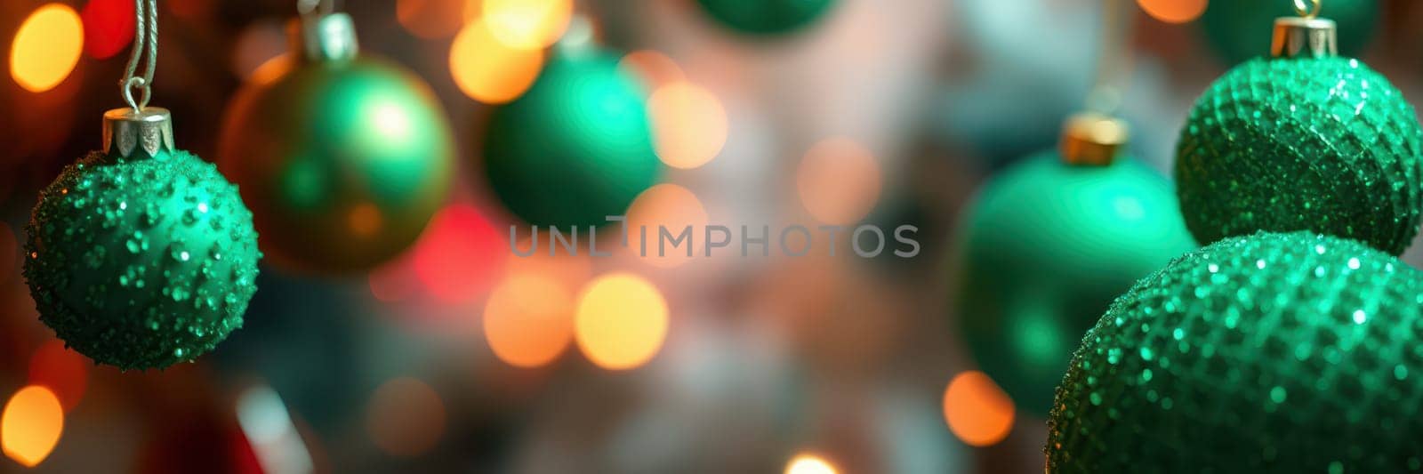 Bright green ornaments dangle in front of soft, glowing lights, evoking a cheerful holiday spirit as decorations fill the space with warmth and joy.