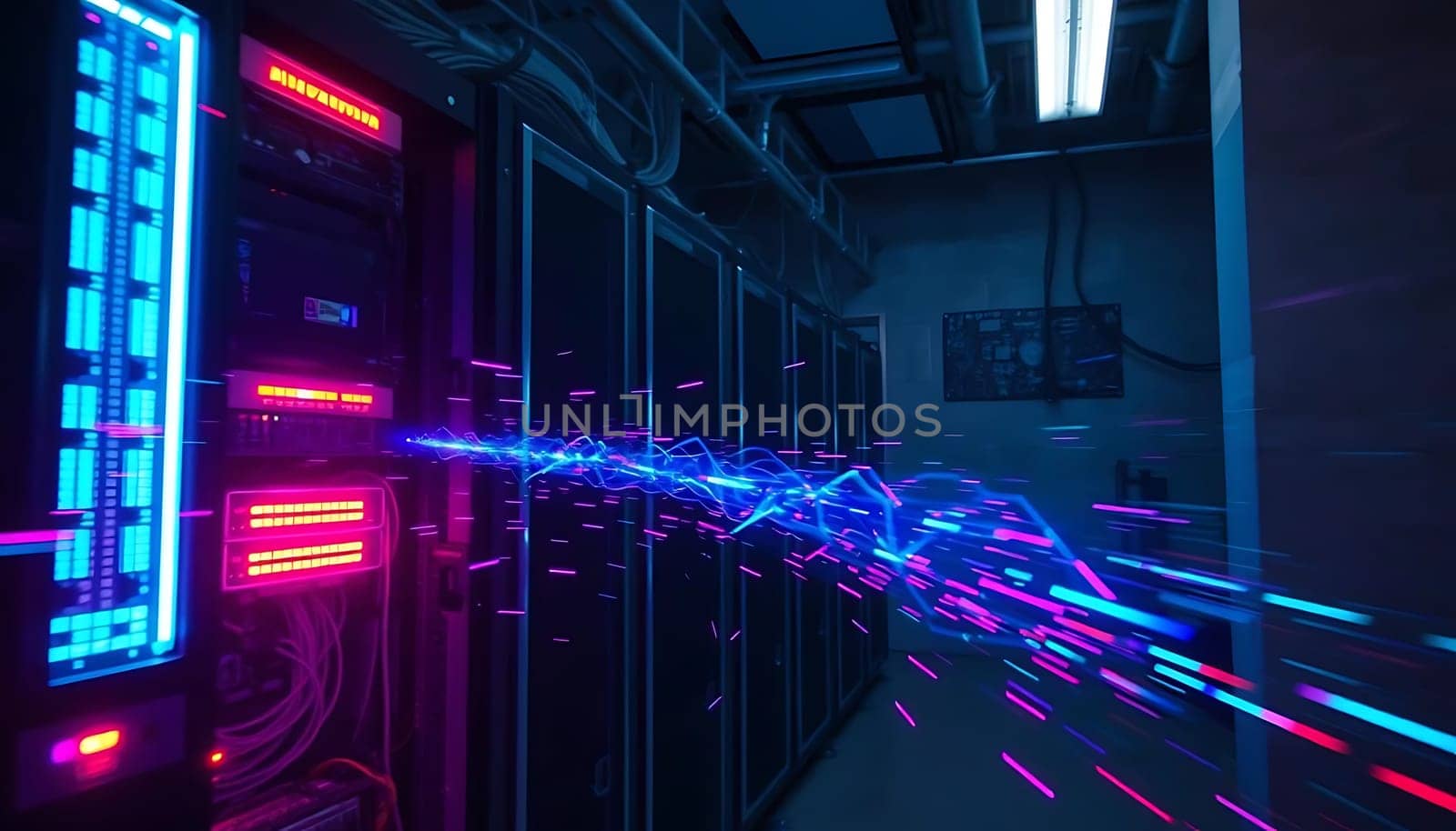 A high-tech data center with illuminated servers and racks. Light streaks show data transfer, with cables and overhead lights.