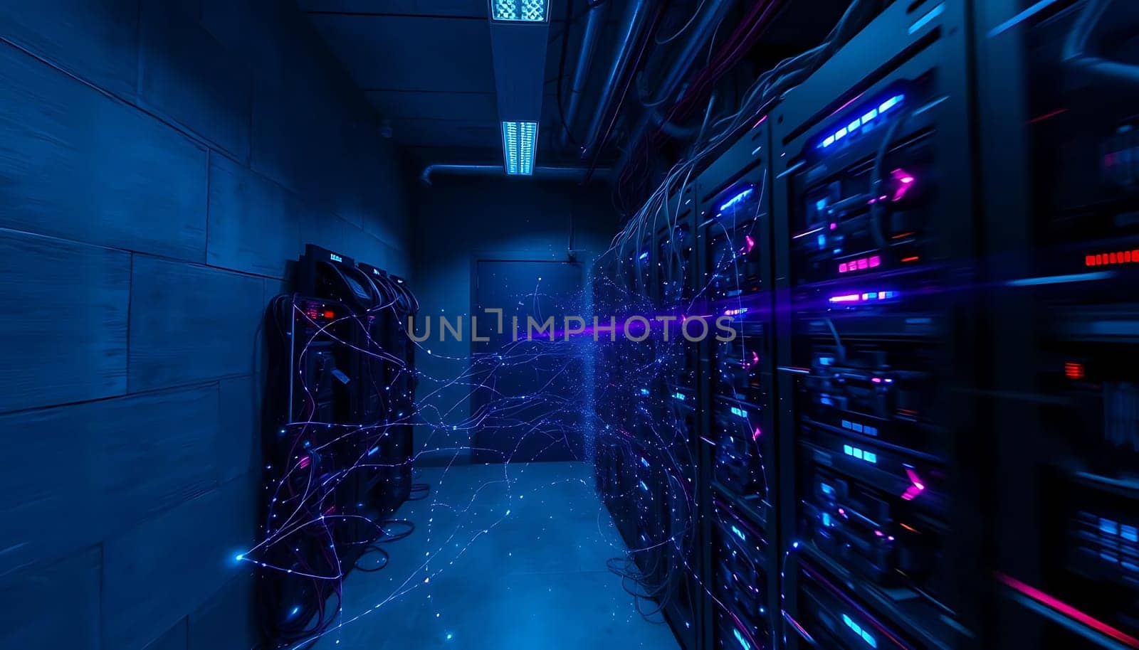 The image shows a dark server room with lit-up racks and various cables, highlighting the complex technology setup.