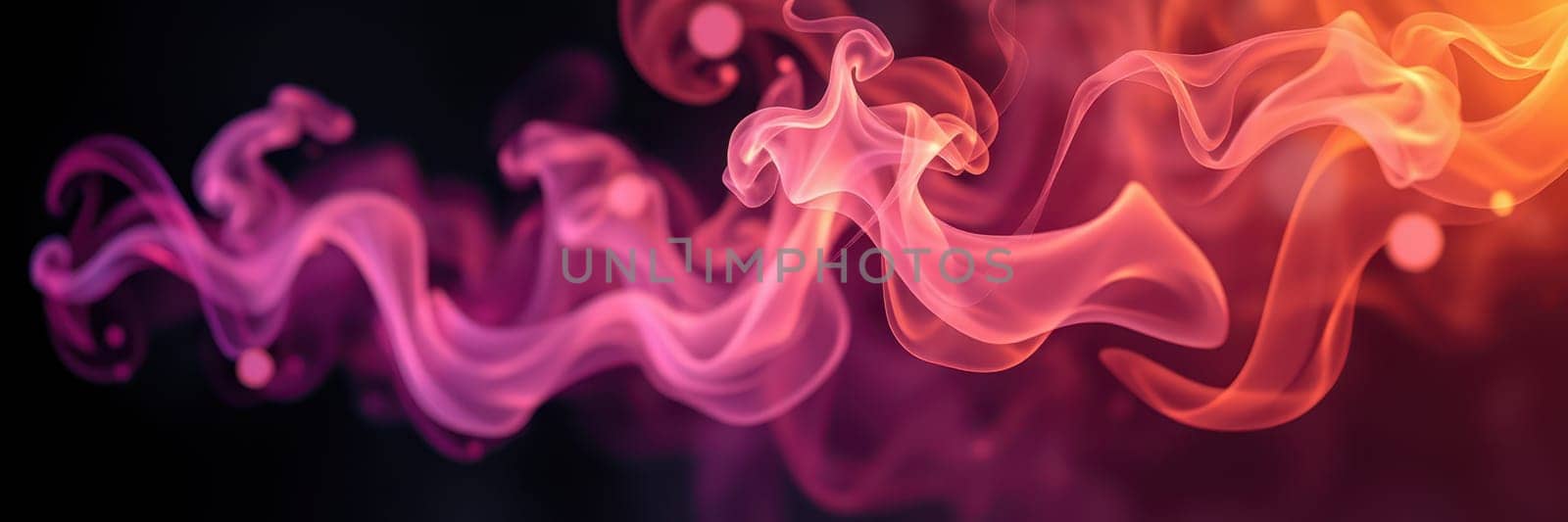 Swirling smoke in vibrant shades of purple, pink, and orange moves fluidly against a dark backdrop, creating an enchanting and dynamic visual display that captivates attention.