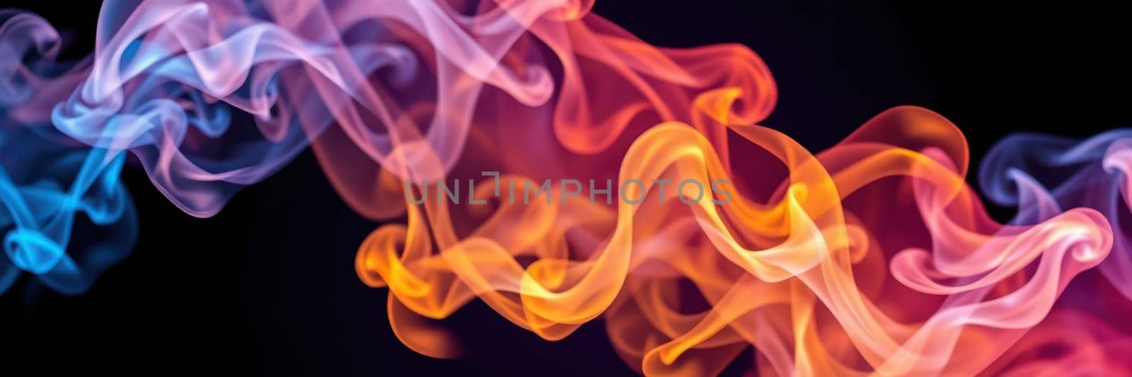 Vibrant swirls of colored smoke dance in the air, showcasing a blend of blue, purple, orange, and pink against a dark backdrop. This captivating display inspires creativity and imagination.