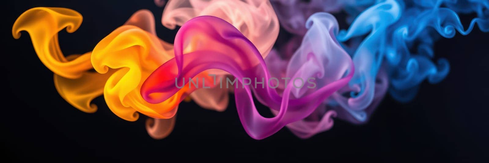 Vivid shades of orange, pink, purple, and blue swirl elegantly against a black backdrop, forming delicate and captivating shapes that evoke a sense of motion and artistry.