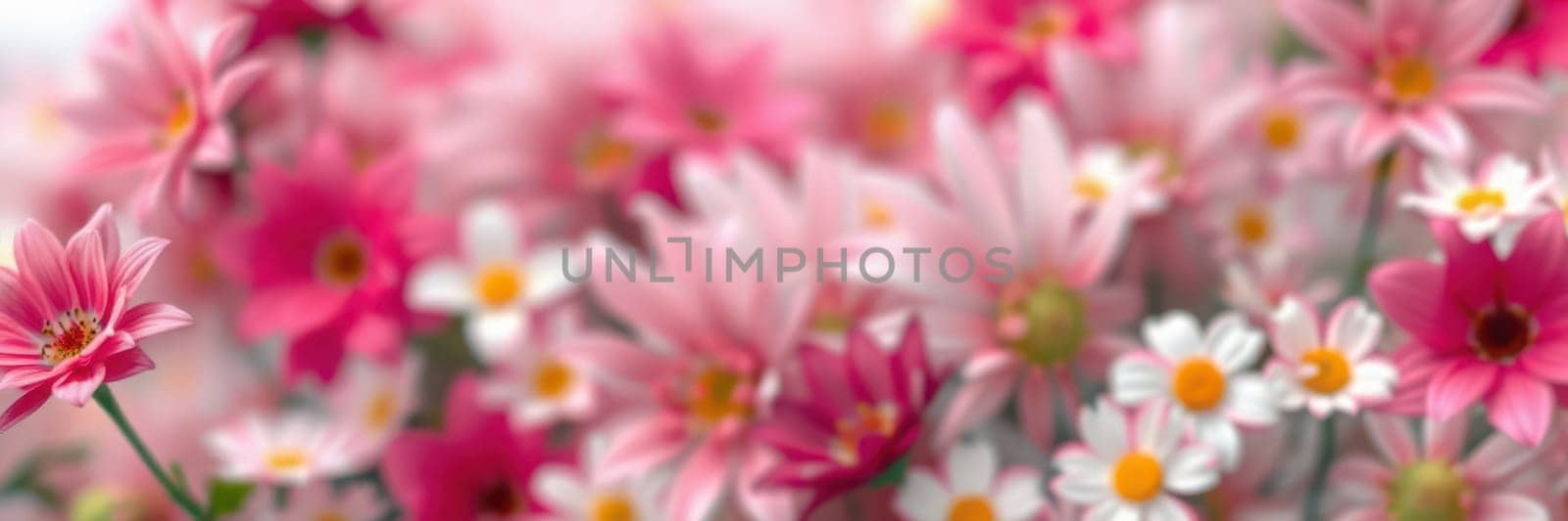 A colorful arrangement of pink and white flowers fills the garden, showcasing spring's beauty. Vibrant petals flourish under soft sunlight, attracting pollinators.