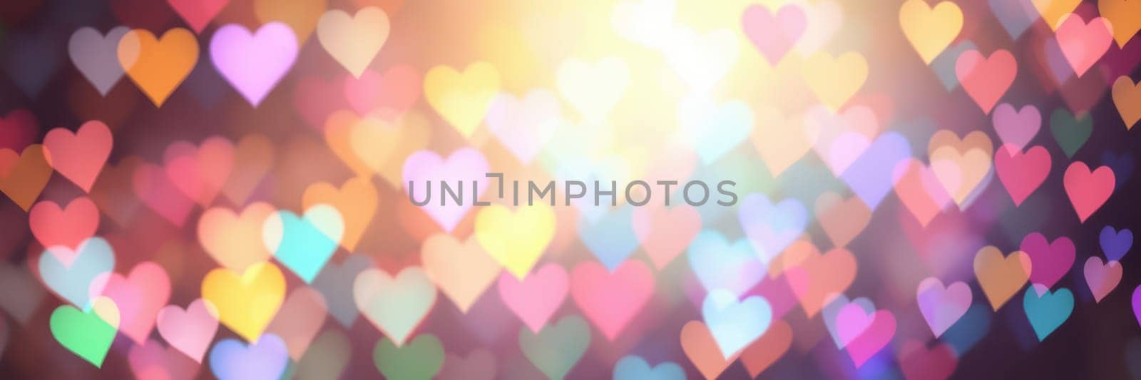 A vibrant display of colorful heart shapes fills the background, creating a warm and joyful ambiance perfect for celebrations or special occasions. Bright lights enhance the festive mood.