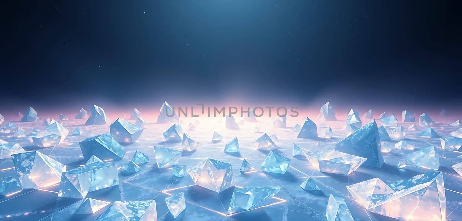 The image shows a vast, icy landscape with sharp, translucent ice formations under a dark, gradient sky.