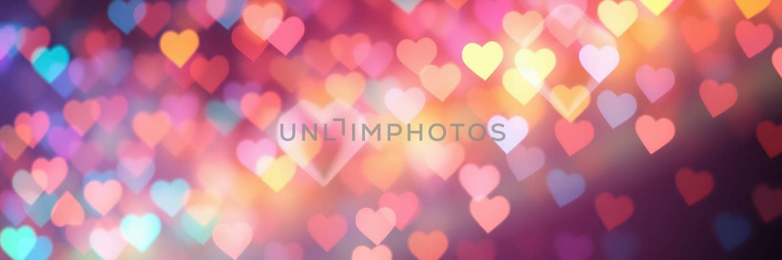 A vibrant display of bokeh-style heart shapes in various colors fills the background, creating a romantic and festive ambiance ideal for celebrations and gatherings.