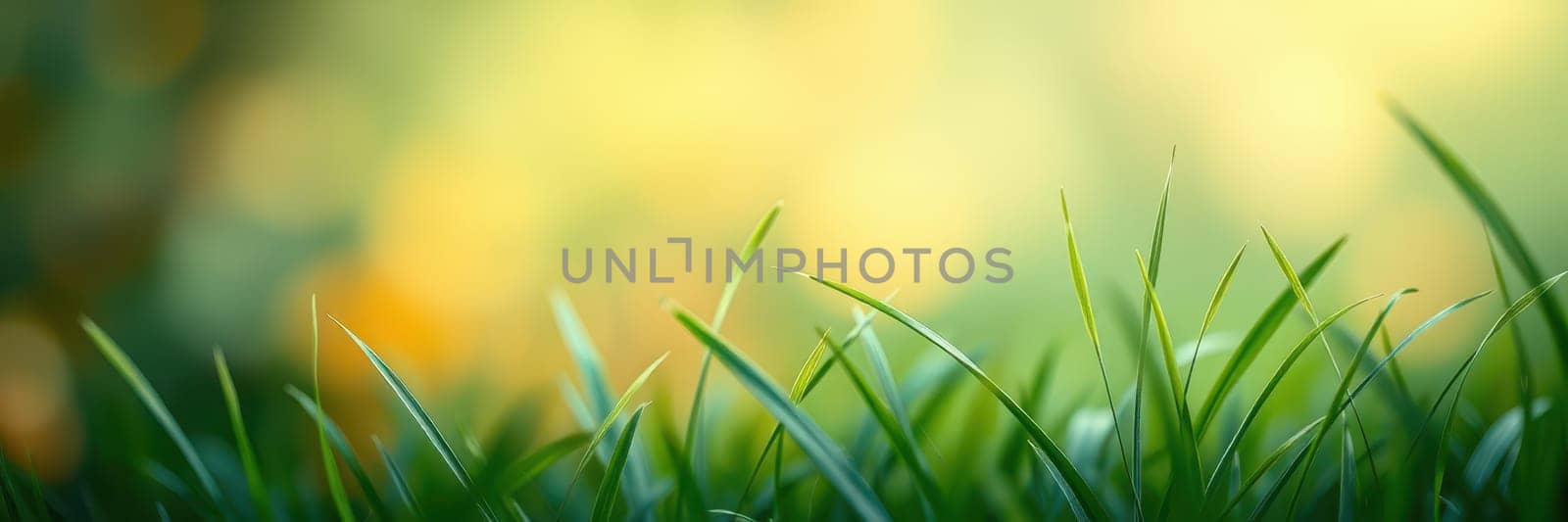 Lush green grass fills the foreground, glistening in the soft sunlight of a calm morning. The vibrant blades sway gently, creating a serene natural atmosphere.