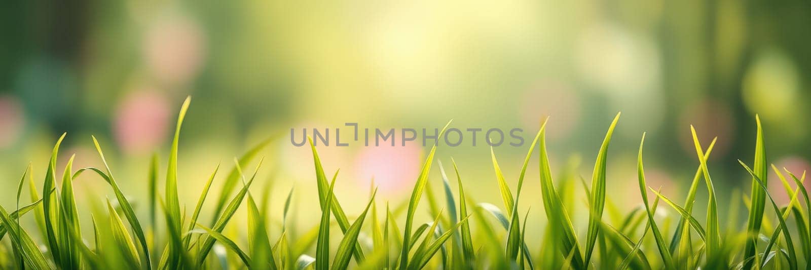 Bright green blades of grass rise beautifully under warm sunlight in a serene setting, capturing the essence of spring and tranquility in nature.