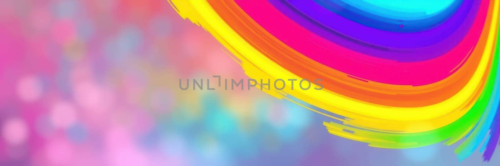 Bright rainbow colors elegantly swirl across a soft abstract background, featuring smooth gradients and a harmonious blend of hues creating a lively atmosphere.
