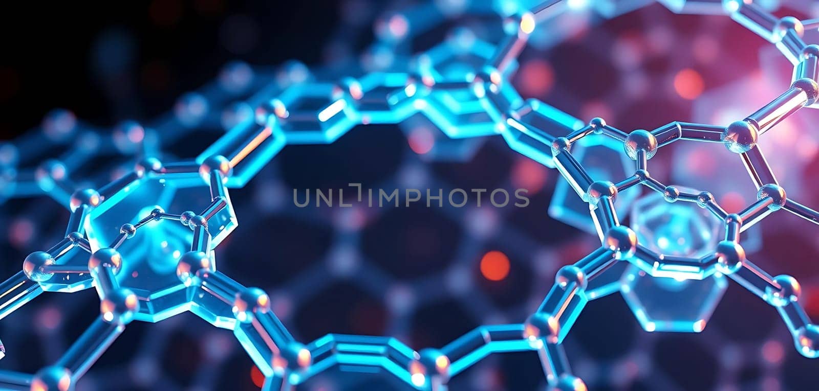 This image depicts a molecular structure, likely a chemical compound, with interconnected rings and bonds highlighted in blue.