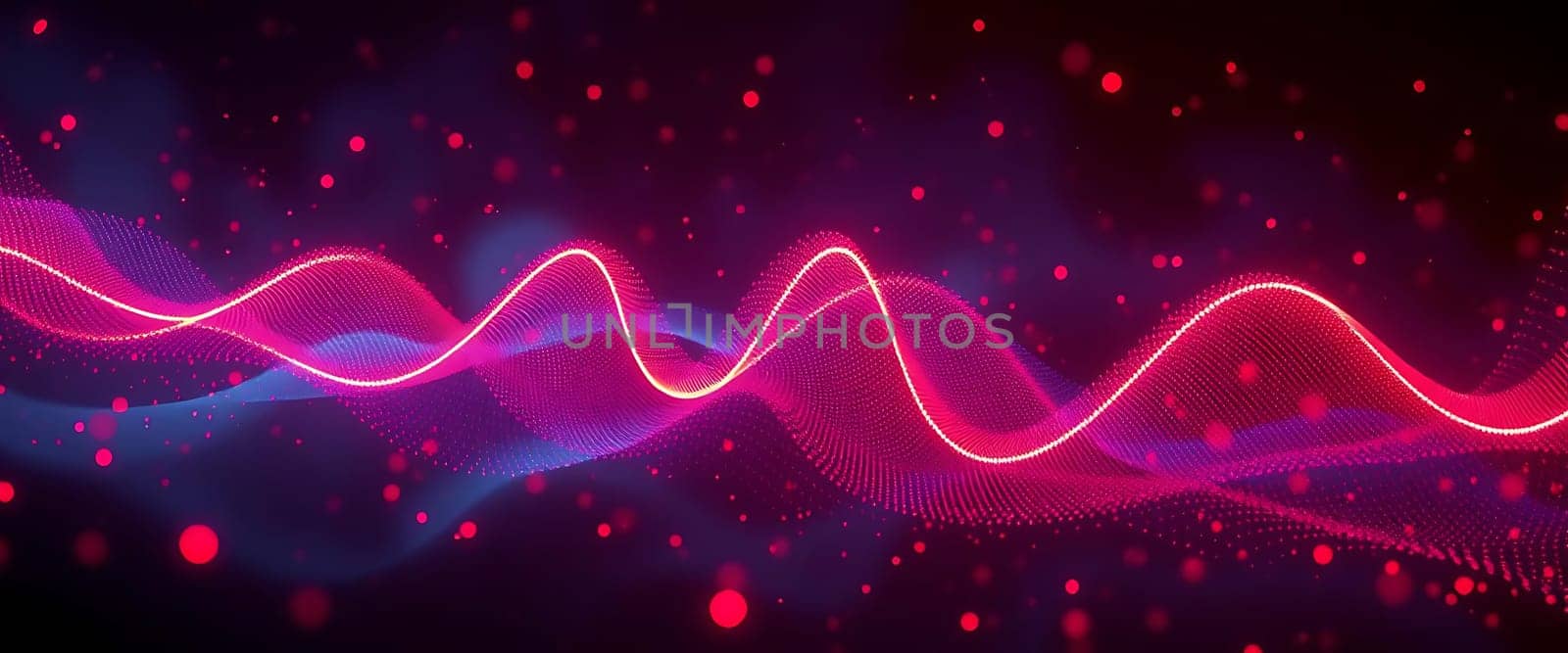 The image shows a vibrant abstract wave pattern in neon pink against a dark background with scattered red particles.