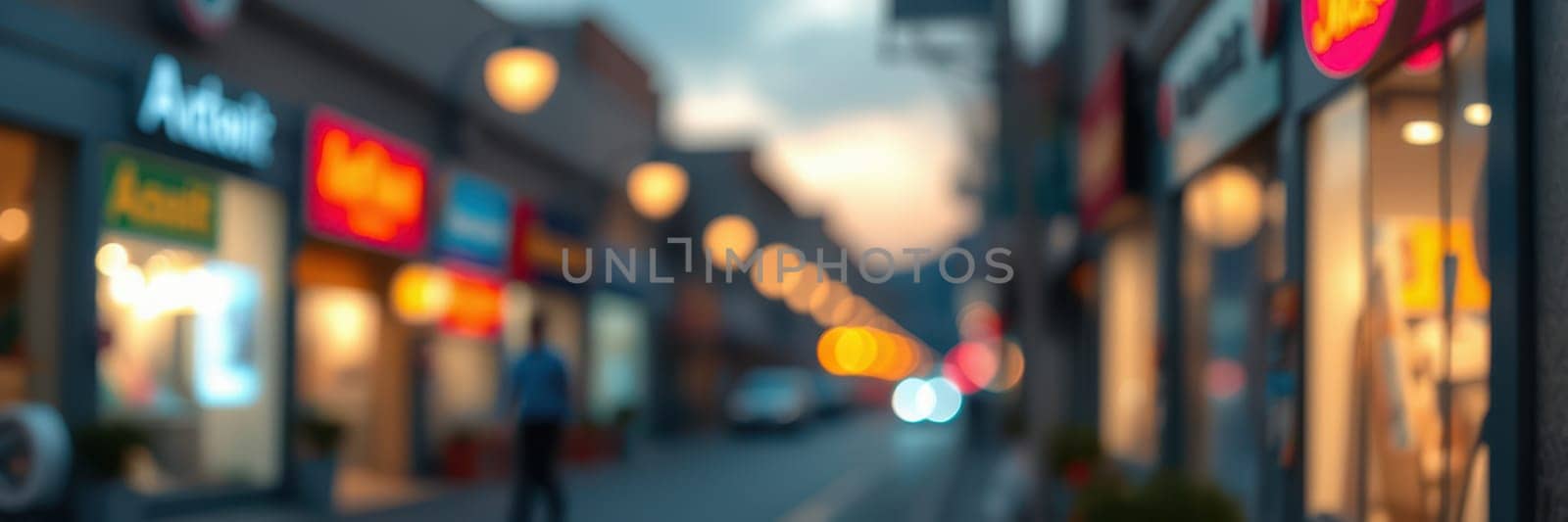 People enjoy an evening walk down a bustling shopping street filled with bright storefronts. The warm glow of lights creates a welcoming atmosphere as dusk settles in.
