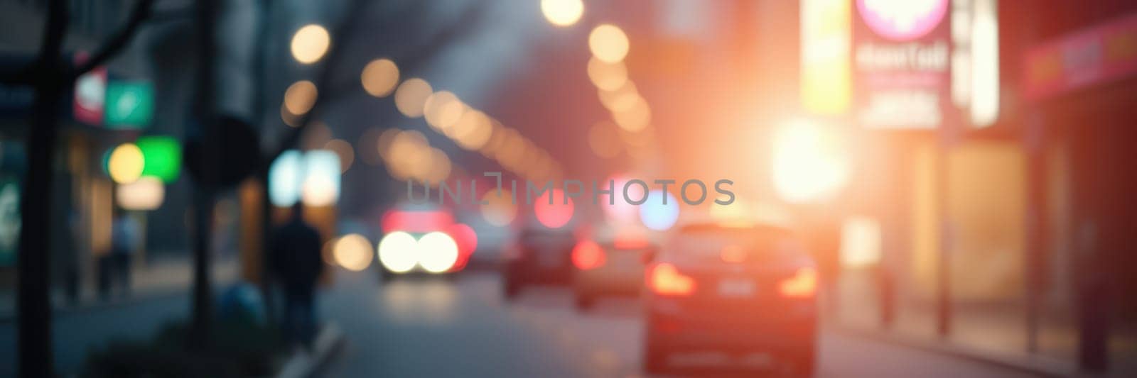 A busy urban street comes alive in the evening as cars move through, their headlights and city lights creating a vibrant, blurred effect in the background.