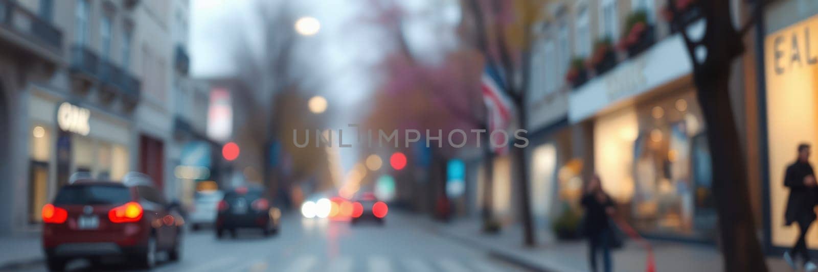 A lively urban street is filled with people and cars during the twilight hours, showcasing the bustle of city life with illuminated storefronts and soft traffic lights.