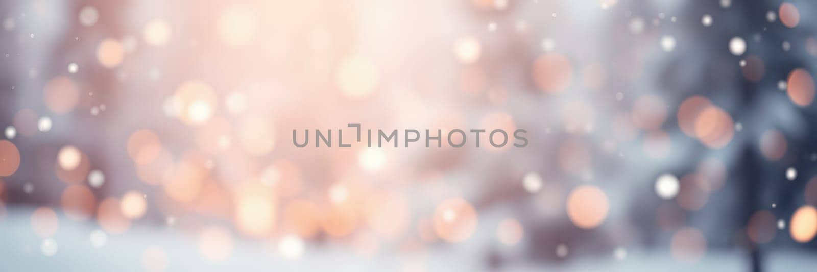 Snowflakes drift softly from the sky, creating a serene winter atmosphere. The background is softly lit with blurred golden lights, enhancing the tranquil mood of the snowfall.