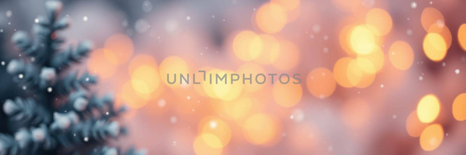 Snowflakes gently fall on a lush pine tree, creating a serene winter atmosphere. Warm lights twinkle in the blurred background, enhancing the cozy vibe.