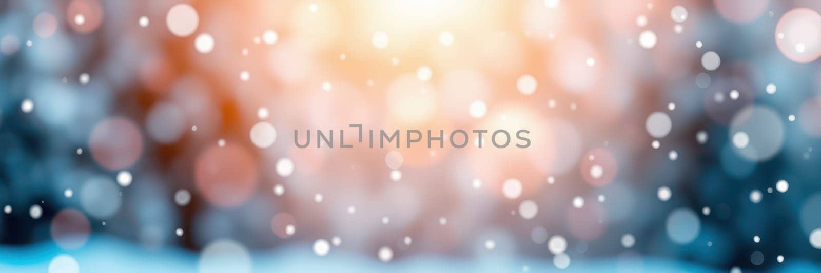 Fluffy snowflakes gently fall in a serene outdoor setting, blending with warm sunlight, creating a peaceful winter atmosphere filled with sparkling bokeh effects.