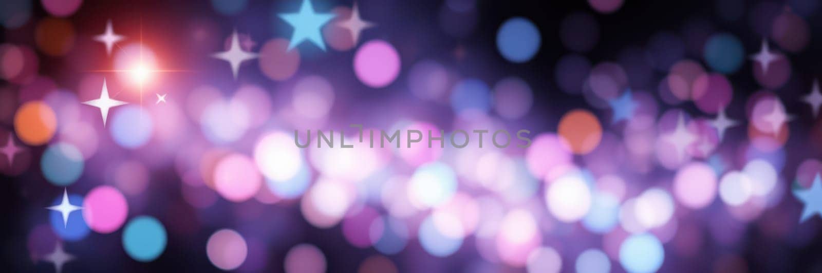 Bright, colorful bokeh lights illuminate a dark backdrop, creating a magical ambiance filled with sparkling effects. Various pastel colors blend together beautifully.