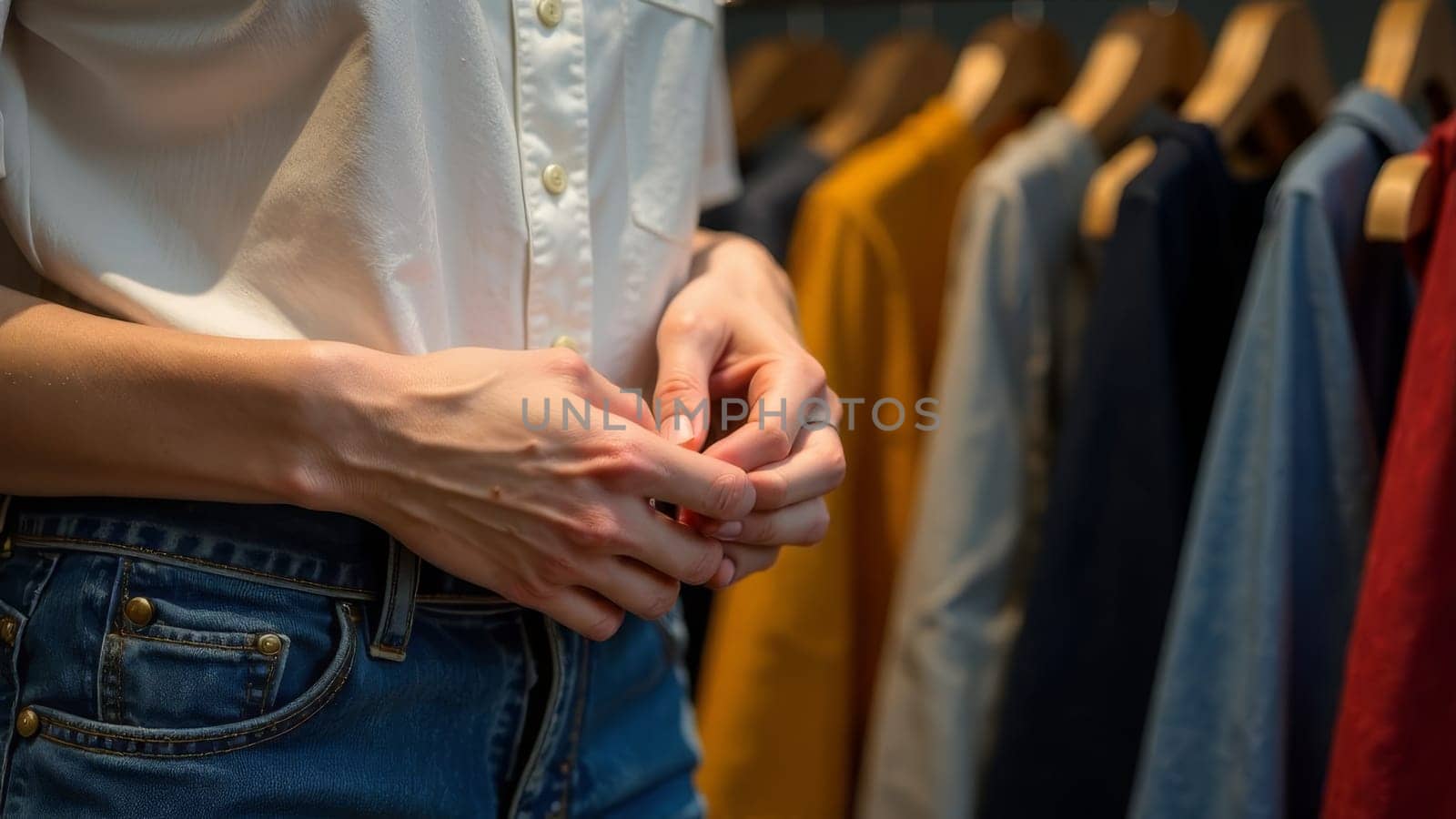 Caucasian young female shopper browsing clothing rack in store.Close up