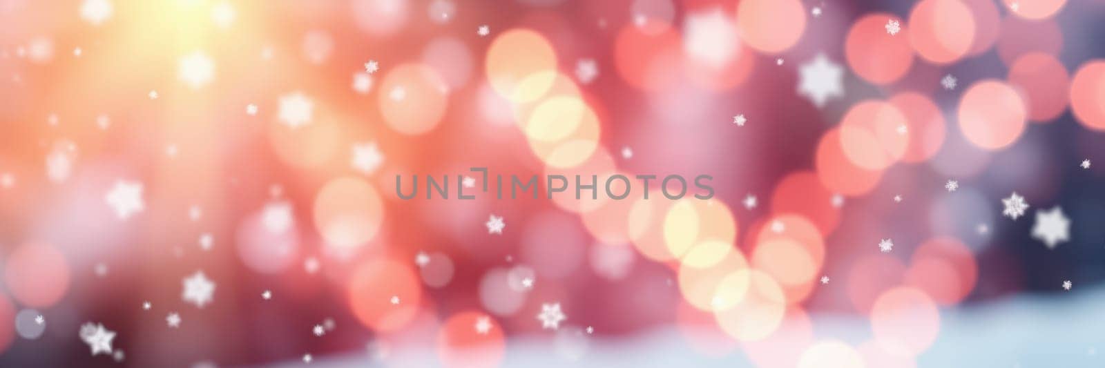 Snowflakes drift softly through the air, enhancing a backdrop filled with warm, glowing lights. The vibrant bokeh effect adds a magical quality to the winter scene.