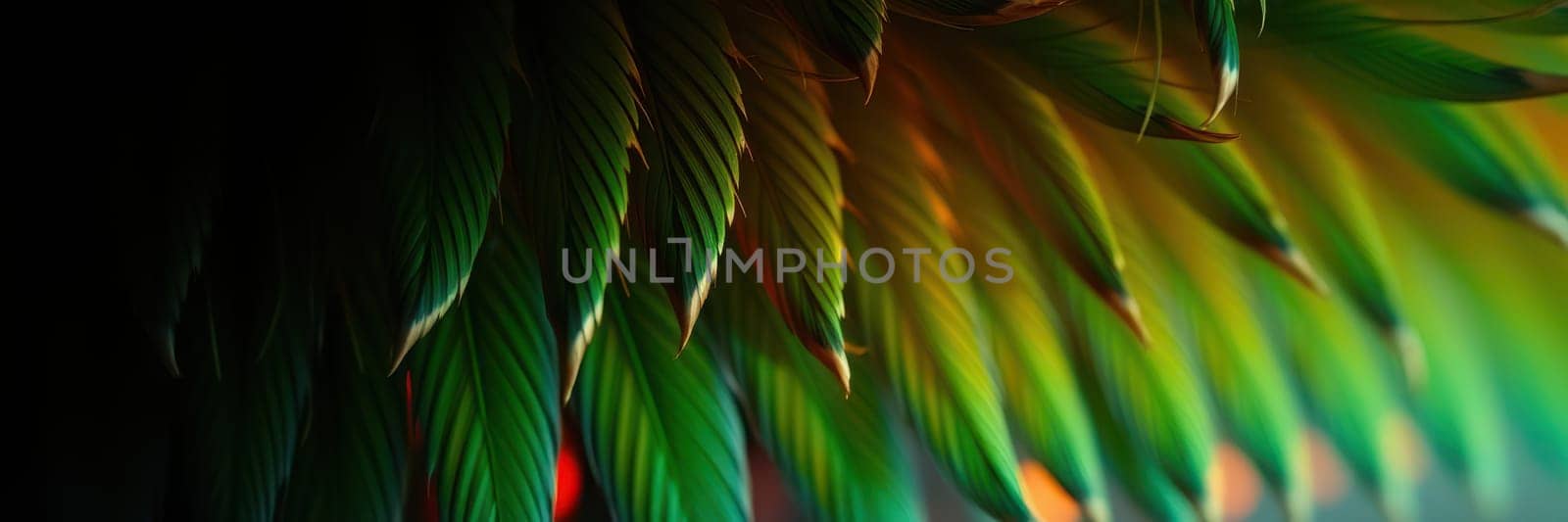 Lush green leaves stretch across the frame, illuminated by gentle light that highlights their textures and rich hues. This vibrant display creates a captivating, abstract view of nature.