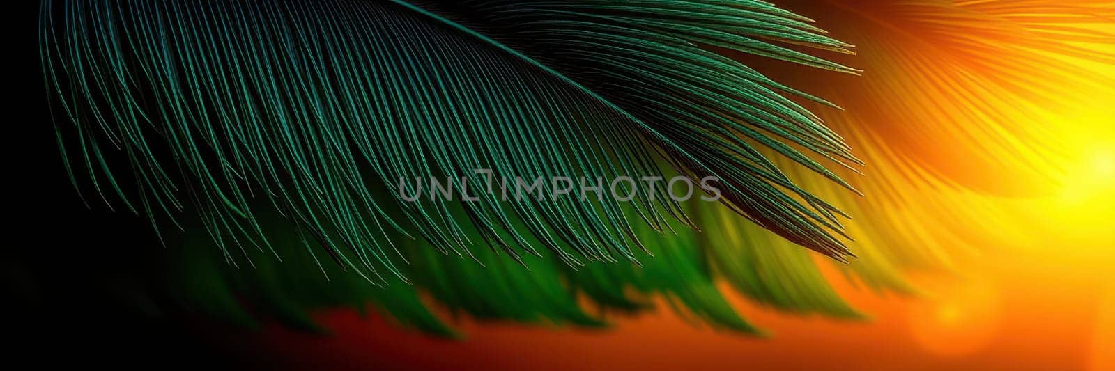 Vivid sunset colors blend with lush tropical leaves, creating a tranquil mood. The warm orange and soft green hues offer a peaceful retreat in nature.