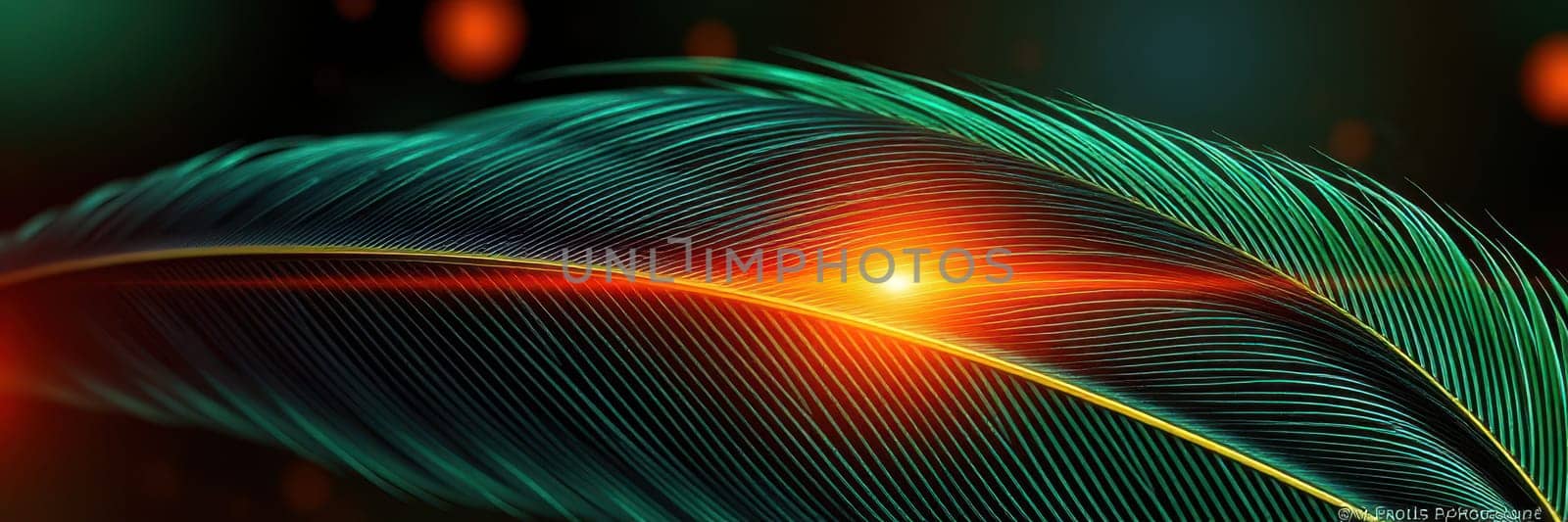 A detailed close-up of a green feather showcases intricate textures and glowing orange accents. The dark background enhances the vibrant colors, creating a stunning visual effect.