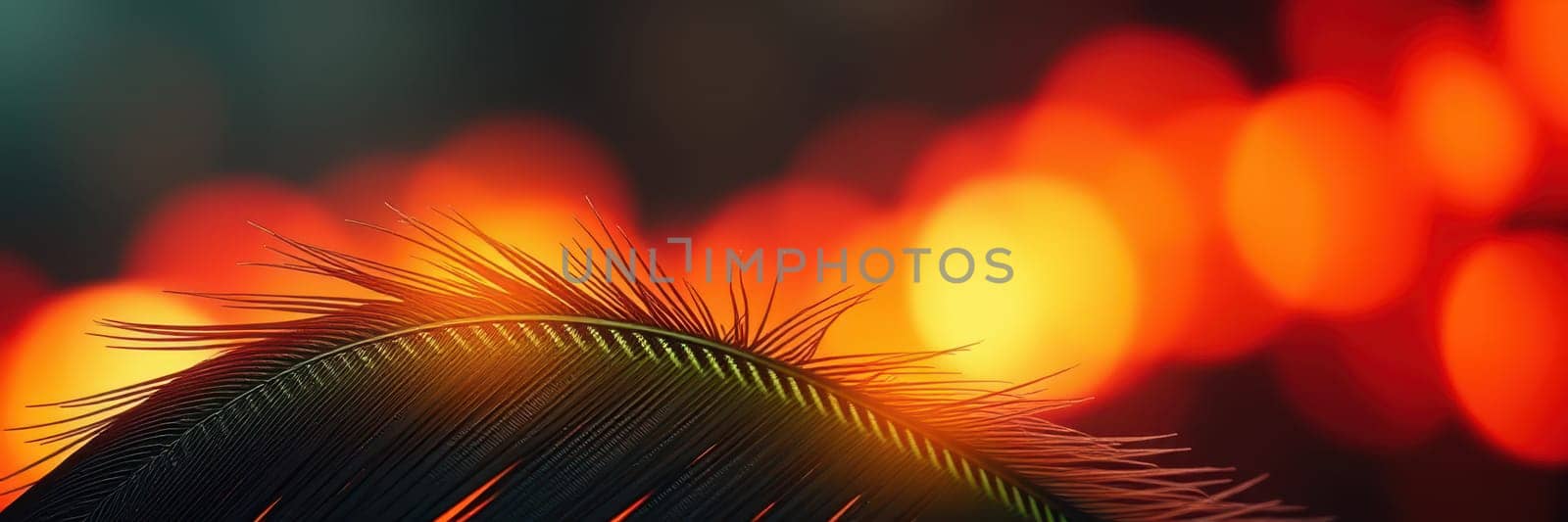 Bright bokeh lights create a vibrant backdrop as a palm leaf stands out, showcasing the festive atmosphere of an outdoor event on a warm evening.