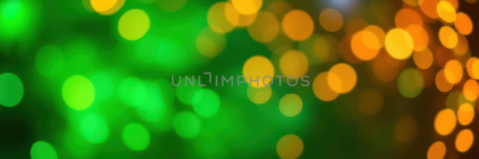 Vibrant bokeh lights in shades of green and orange illuminate the scene, enhancing the festive mood during a nighttime event in an urban environment.