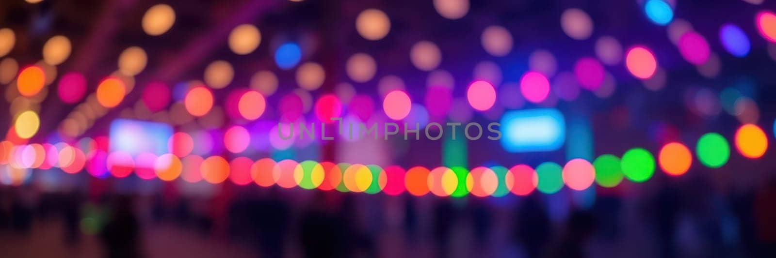 A vibrant array of multicolored lights fills the space, creating a joyful ambiance for guests enjoying a lively evening gathering. The blurred effect enhances the celebratory mood.