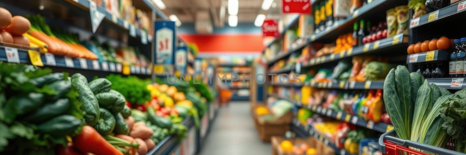 Fresh fruits and vegetables line the shelves of a grocery store aisle, showcasing a variety of colors and textures. Shoppers browse the vibrant selection, creating a lively atmosphere.