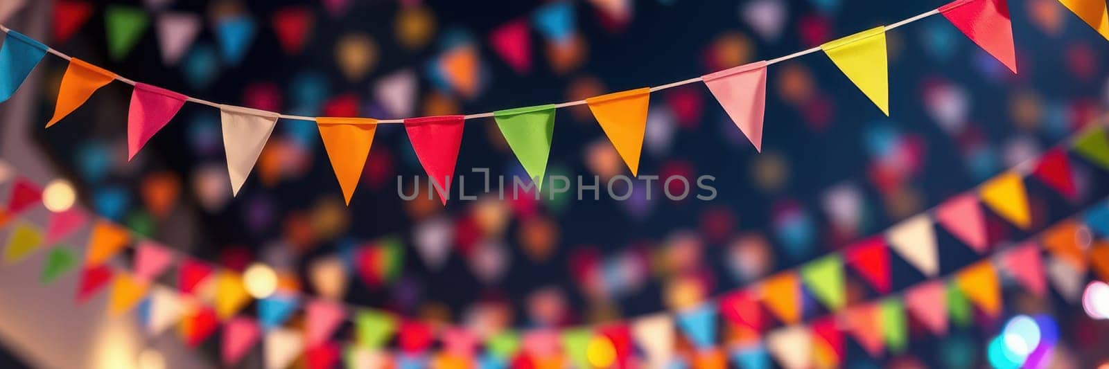 Colorful triangular banners in vibrant shades hang overhead, creating a joyful ambiance for an outdoor celebration. The atmosphere is festive and lively as night falls.