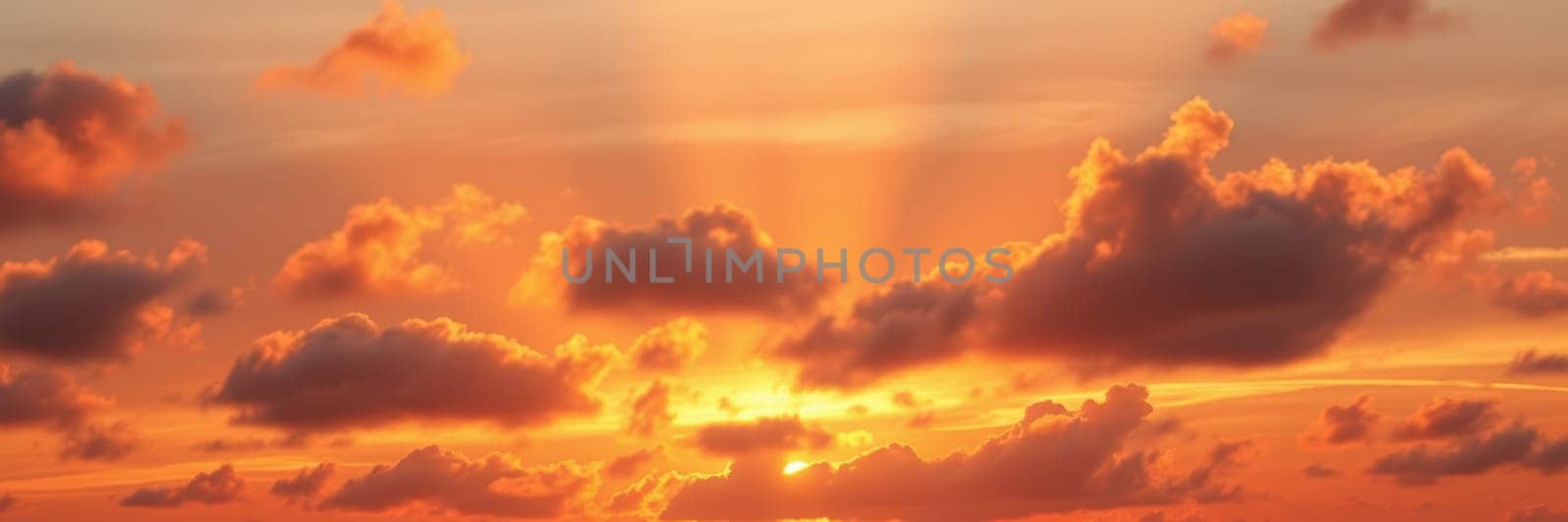 Bright orange and gold hues fill the sky as the sun rises above the horizon, casting a warm glow over the tranquil ocean waters and fluffy clouds floating peacefully.