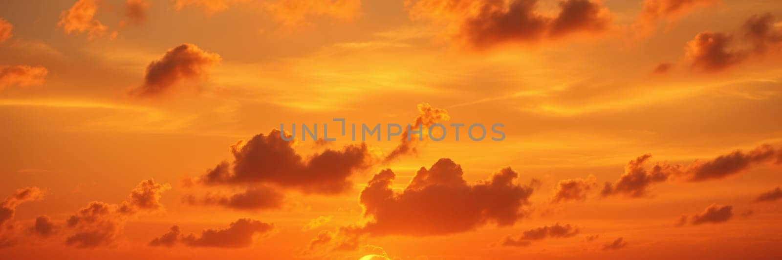 Vibrant shades of orange and yellow fill the sky as the sun sets on the horizon. Fluffy clouds add texture to the beautiful sunset, creating a serene atmosphere.