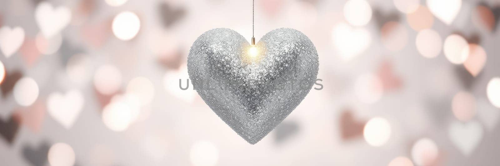 A silver glitter heart ornament dangles against a soft backdrop filled with twinkling heart shapes, creating a romantic and festive atmosphere perfect for special occasions.